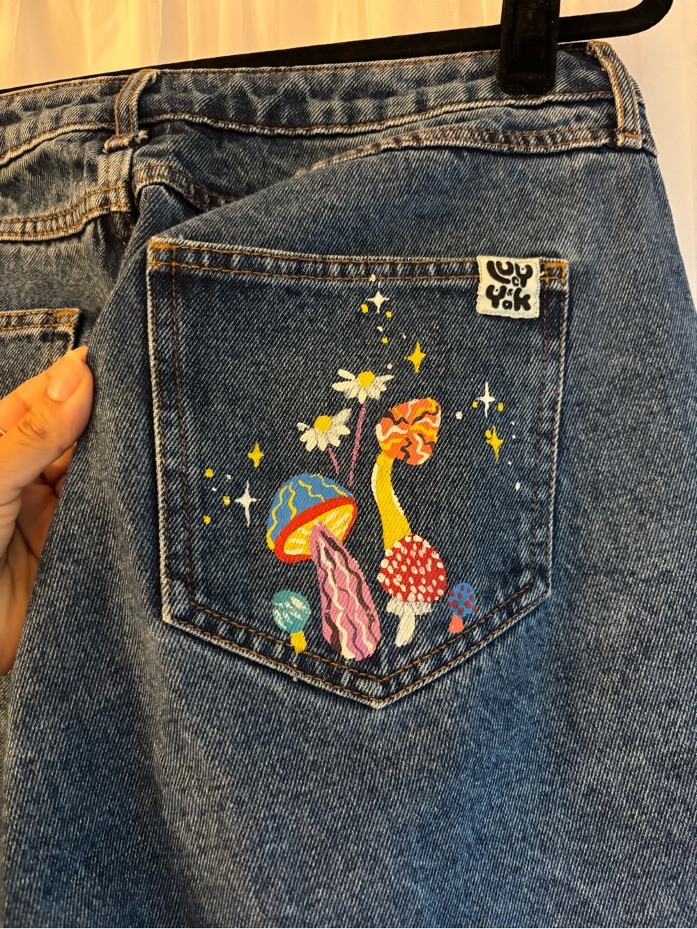 Lucy & Yak Mushroom and Daisy Painted pocket design straight/high waisted jean